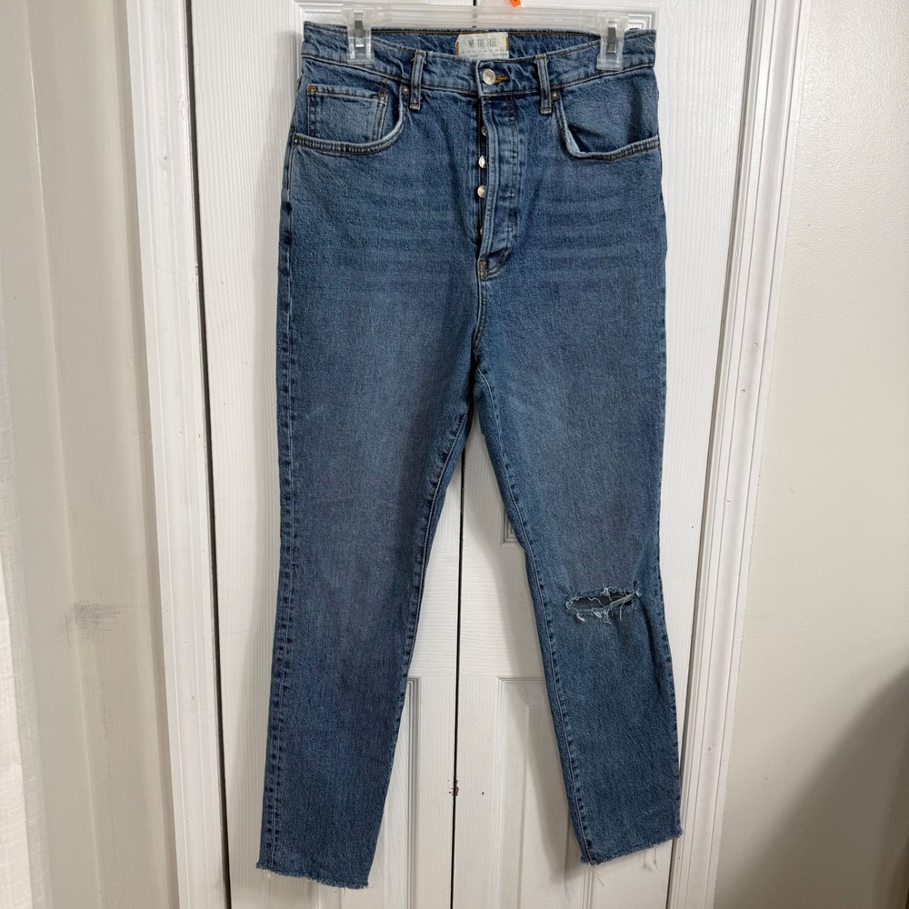 We The Free People Jeans 28 Blue High Rise Straight Distressed Button Fly Boho